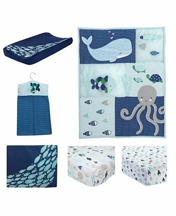 Lambs & Ivy Oceania Blue/Gray/White Whale With Octopus And Fish Nautical Ocean 6-Piece Nursery Baby Crib Bedding Set - Image 2