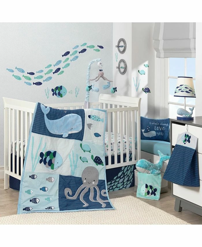 Lambs & Ivy Oceania Blue/Gray/White Whale With Octopus And Fish Nautical Ocean 6-Piece Nursery Baby Crib Bedding Set
