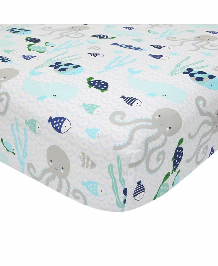 Lambs & Ivy Oceania 100% Cotton Blue/Gray/White Whale With Octopus And Fish Nautical Ocean Theme Fitted Crib Sheet